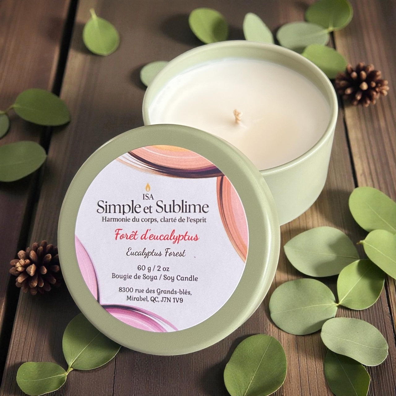 Bougie Forêt d'eucalyptus aux huiles essentielles petit format 60g