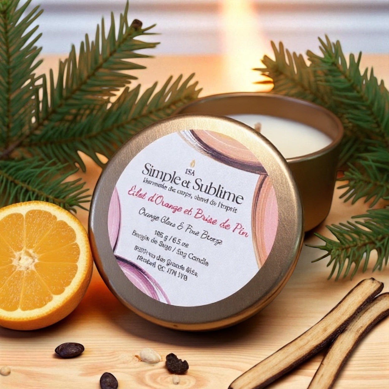 Bougie Éclat d'orange et brise de pin aux huiles essentielles petit format 60g