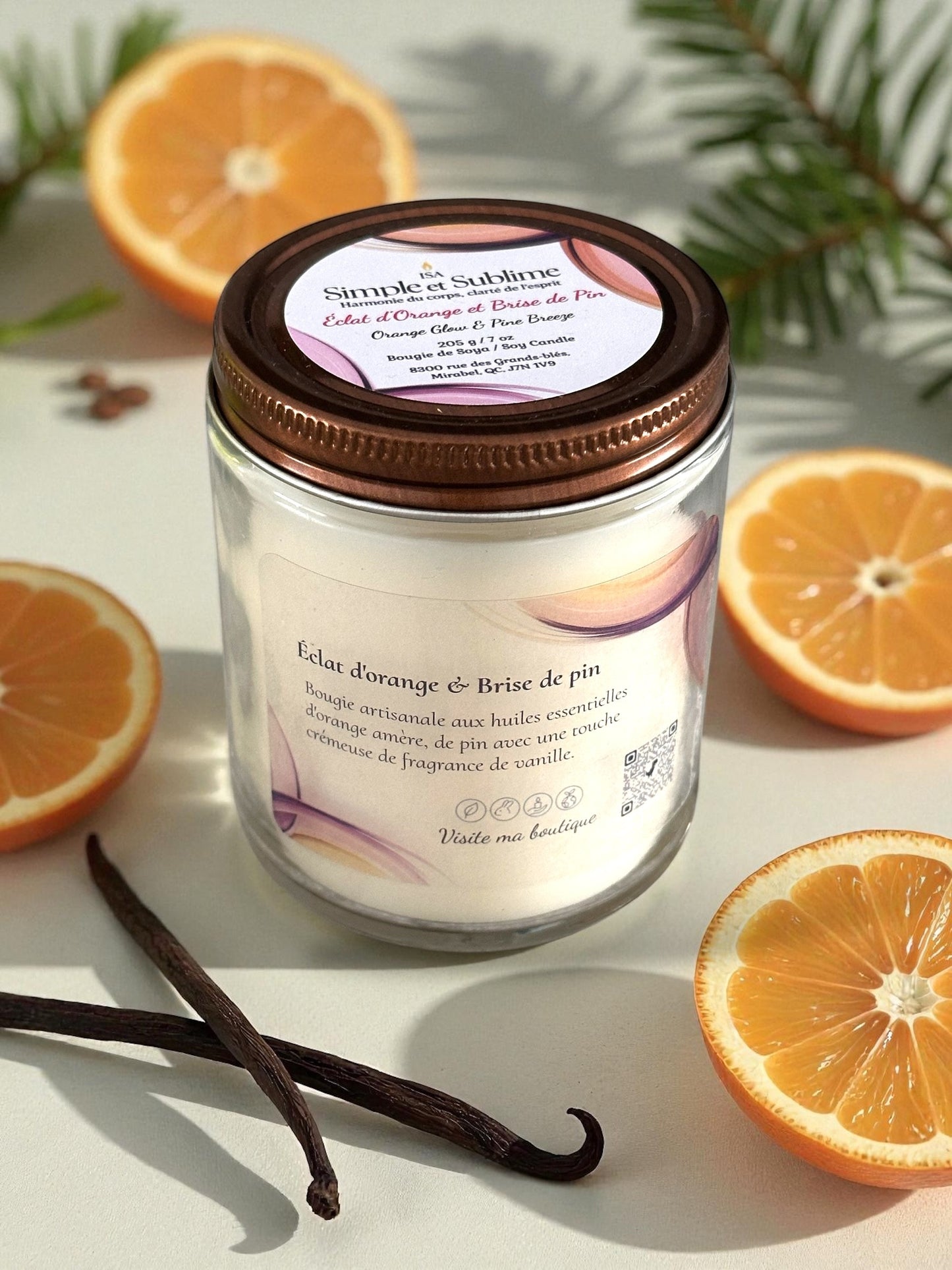 Bougie Éclat d'orange et brise de pin aux huiles essentielles grand format 205g